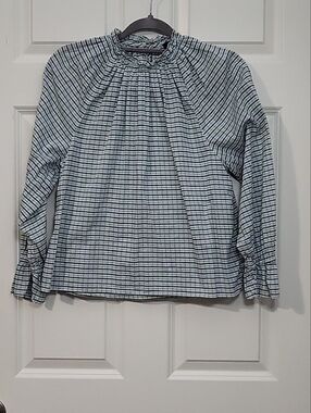 J.Crew Striped Smocked Neck Blouse Light Blue White Long Sleeve Women Size S